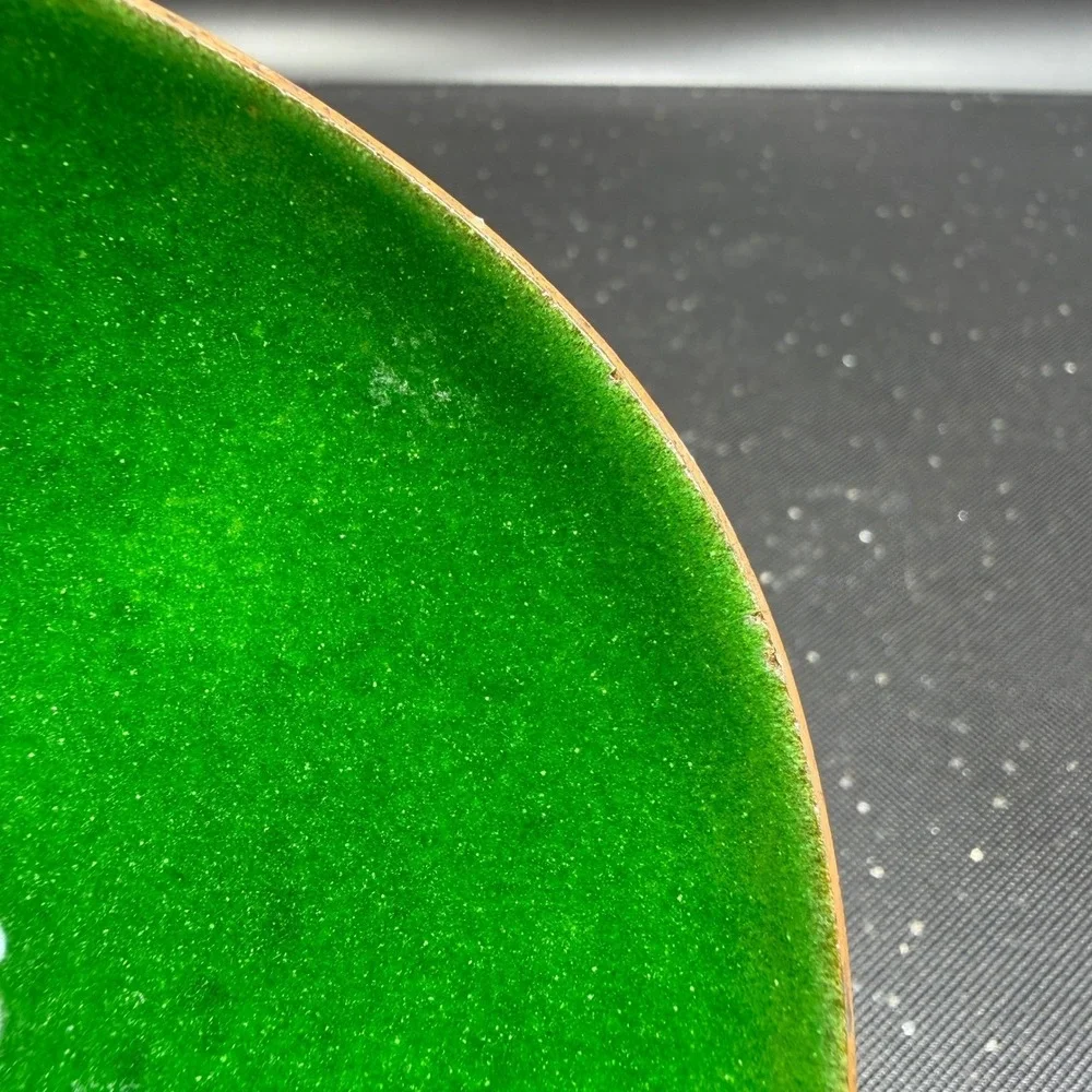Leon Statham Enamel on‎ Copper Trinket Dish Green Abstract Swirl Egg Shaped VTG